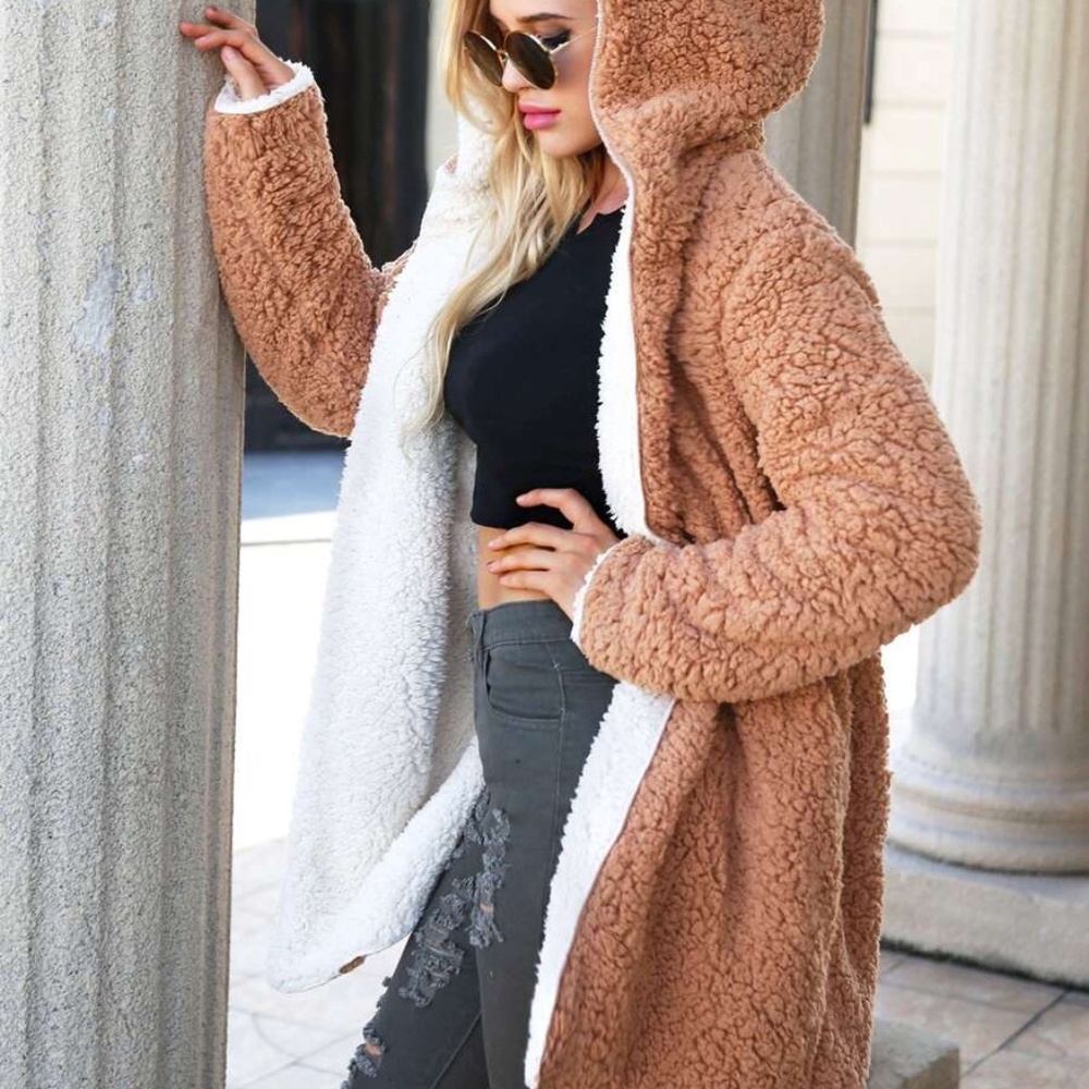 camel white teddy hoodie open front coat jacket - Picture 5 of 6